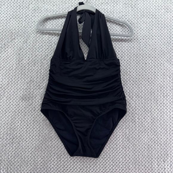Lands End Swimsuit Womens 8 Black Once Piece Plunge V-Neck Halter Tie Sexy - Picture 1 of 12